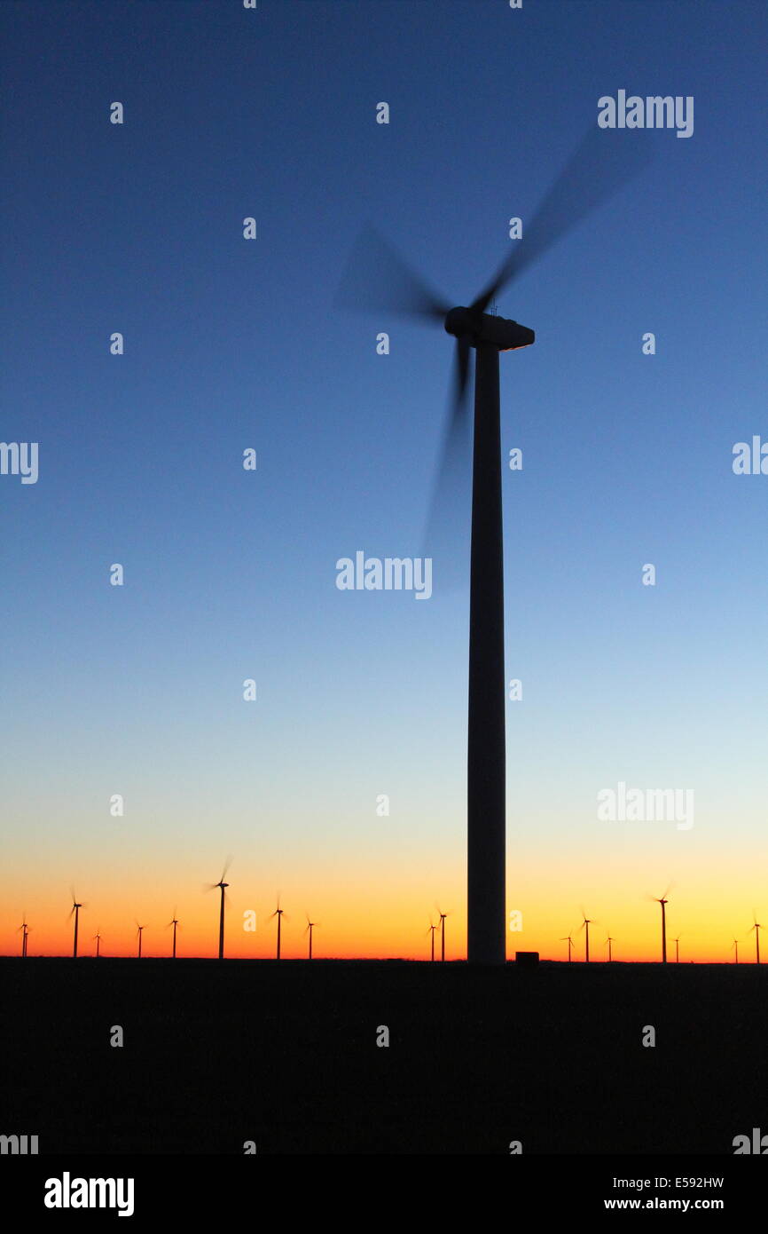 Turbine erneuerbare Energiequelle Generierung Windpark in der Abenddämmerung in Texas, USA. Stockfoto