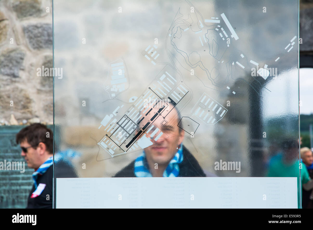 Mauthausen, Österreich-Mai 10, 2014:Man befasst sich mit der Kartenansicht des Konzentrationslagers von Authausen in Österreich inmitten des Museums Stockfoto