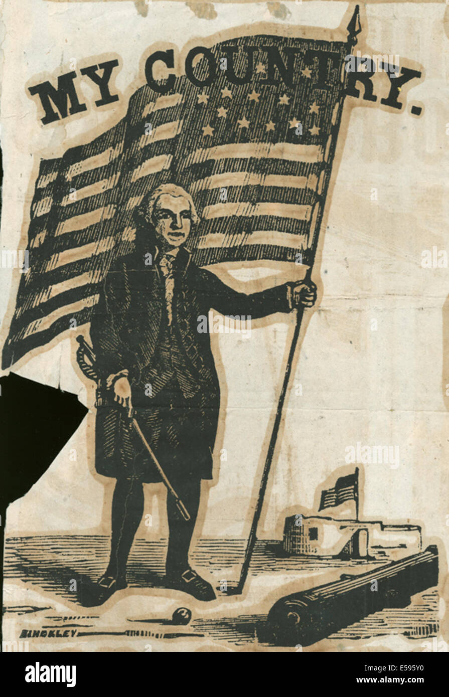 Ein Holzschnitt von George Washington mit einer Flagge, der während des Bürgerkriegs (1861–1865) erstellt wurde und ein patriotisches Bild im Kontext der US-Rekrutierung und Rekrutierung während des Krieges darstellt. Stockfoto