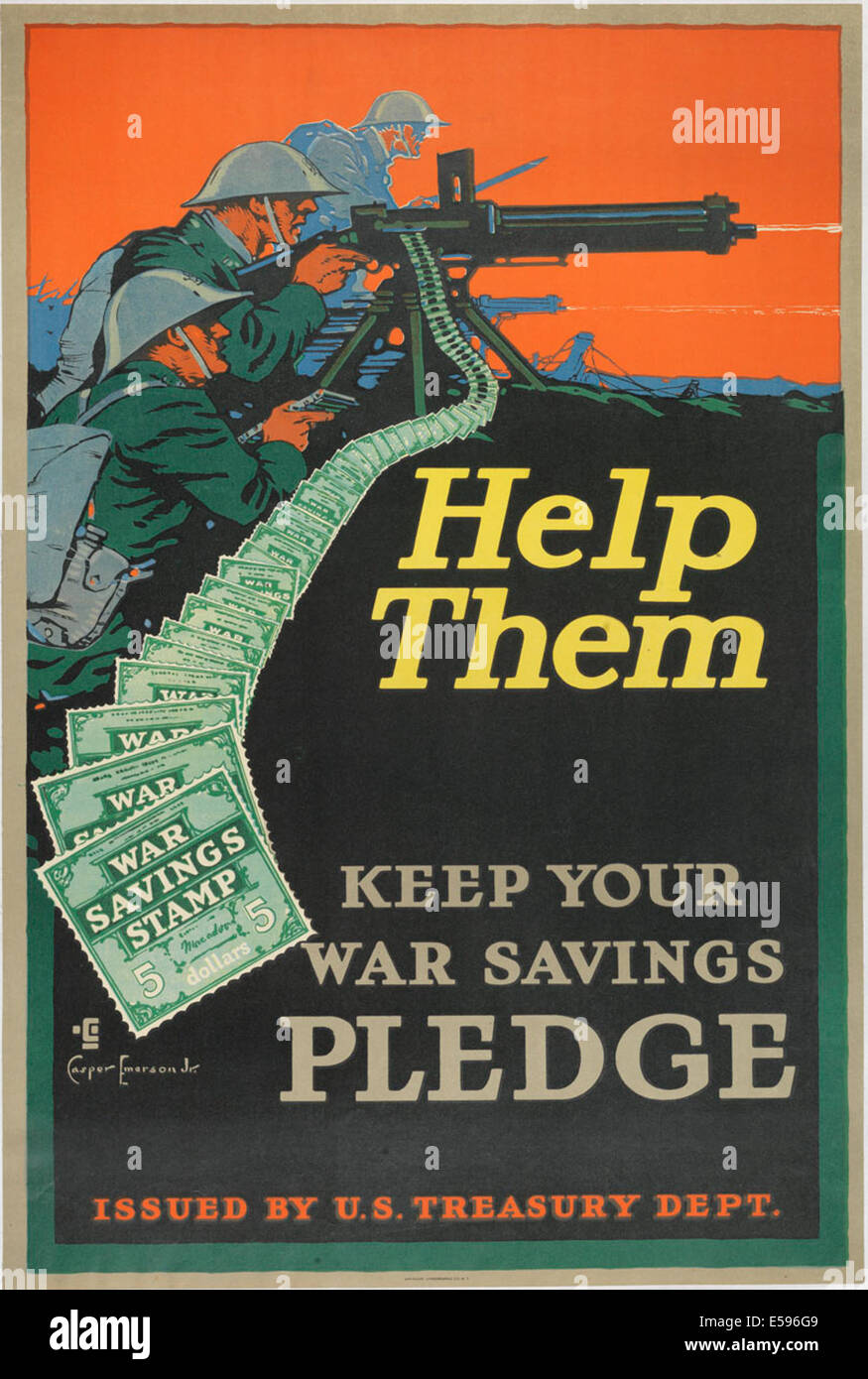 Ein Poster aus dem Ersten Weltkrieg, das die Bürger dazu ermutigt, ihre Sparpflicht einzuhalten, entworfen von Casper Emerson für das US-Finanzministerium, mit Schwerpunkt auf der Unterstützung der Kriegsanstrengungen. Stockfoto