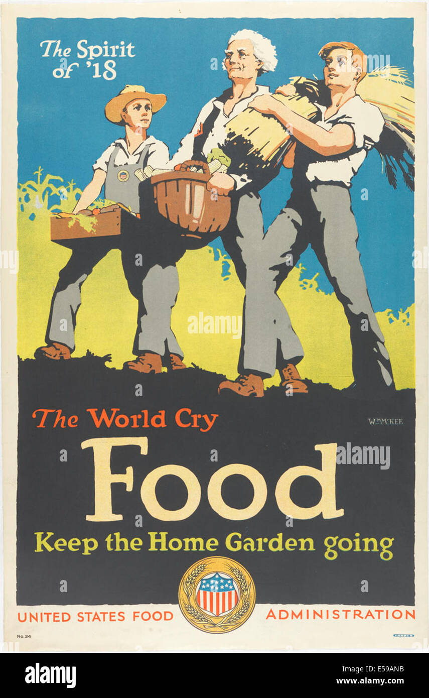 Ein Poster aus der Zeit des Ersten Weltkriegs, „The World Cry Food Home Garden“, das die Bürger ermutigt, ihre eigenen Nahrungsmittel für die Kriegsanstrengungen anzubauen, entworfen von W. M. McKee. Stockfoto