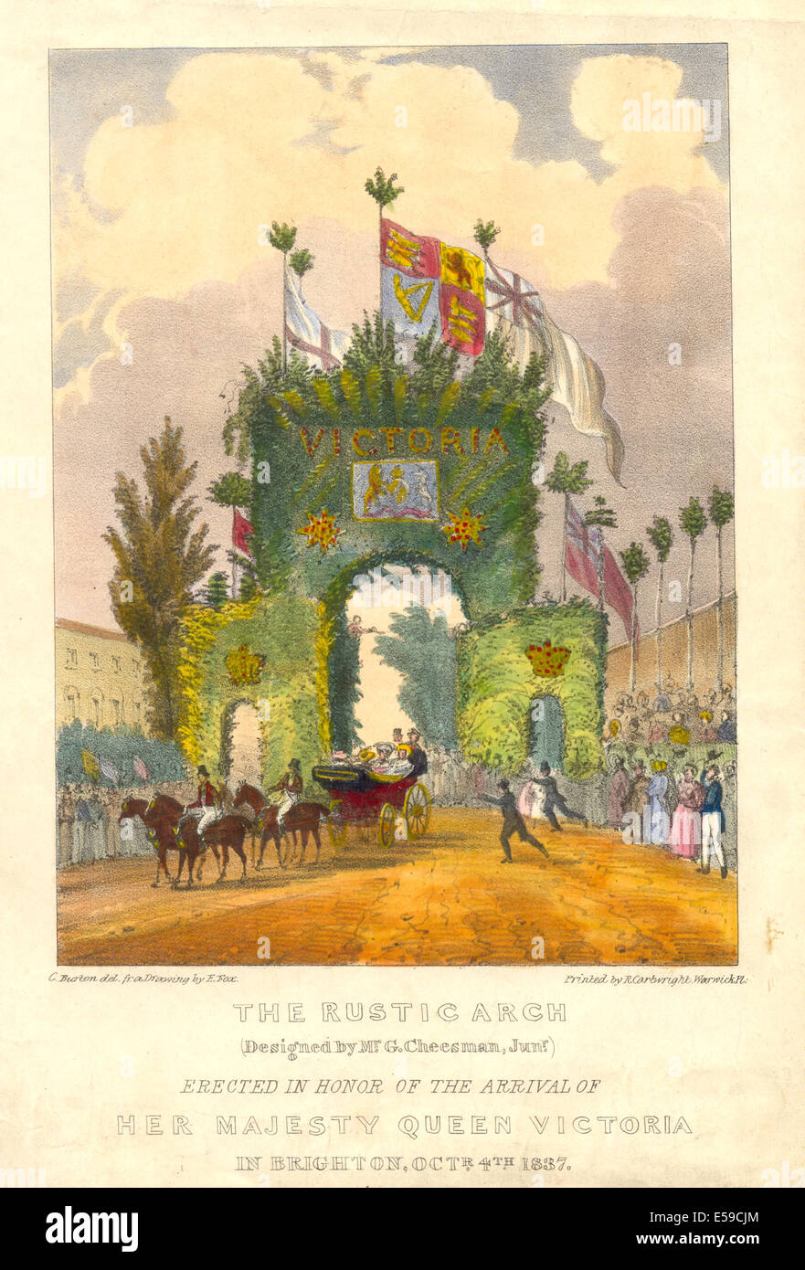 Handkolorierter Druck des Rustikalen Arch in Brighton n Ehre der Königin Victoria gezeichnet von C Burton aus Eine Zeichnung von E Fox 1837 Stockfoto