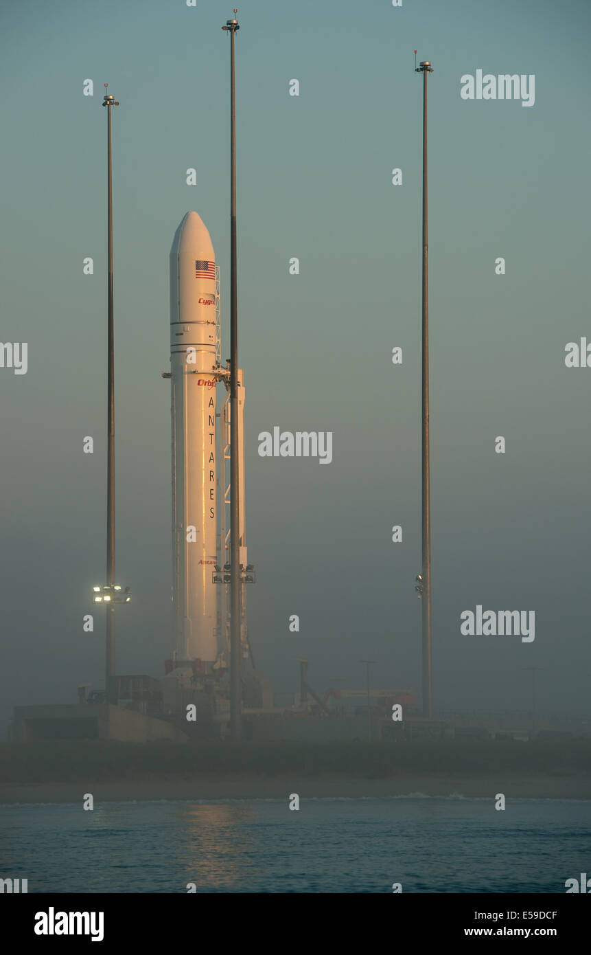 Die Orbital Sciences Corporation Antares-Rakete mit dem Cygnus Raumschiff an Bord, sieht man bei Sonnenaufgang, Samstag, 12. Juli 2014, bei Launchpad-0A der NASA Wallops Flight Facility in Virginia. Die Antares startet mit dem Cygnus Raumschiff gefüllt Stockfoto
