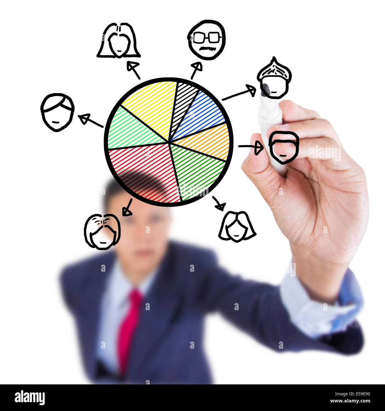 Konzept Business Job Zuweisung von Geschäftsmann auf über Whiteboard gezeichnet auf weißem Hintergrund Stockfoto