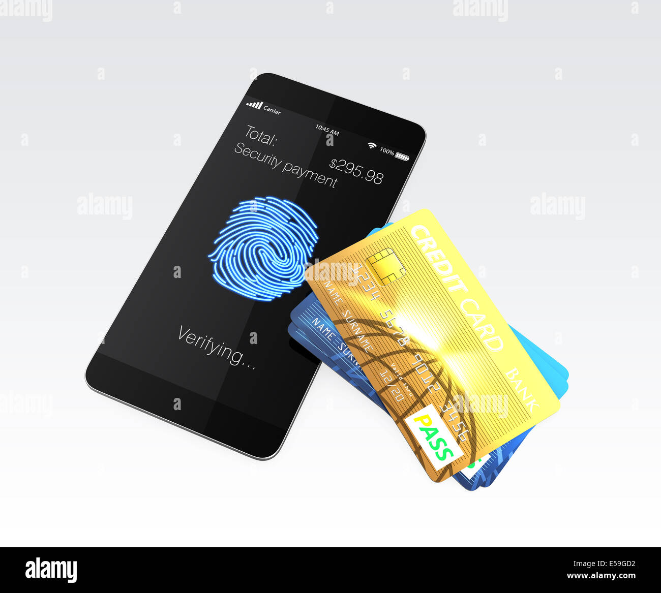 Kreditkarte und Smartphone mit Fingerabdruck-scan app Stockfoto