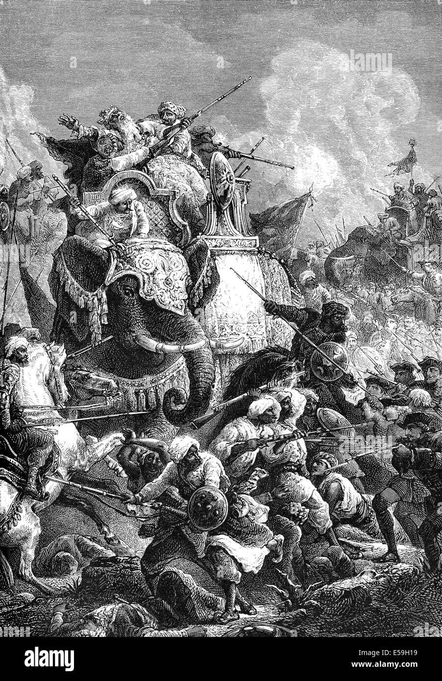 Tod des Nawab Anwaruddin Muhammed Khan, 1672-1749, in einer Schlacht gegen die Franzosen, Stockfoto