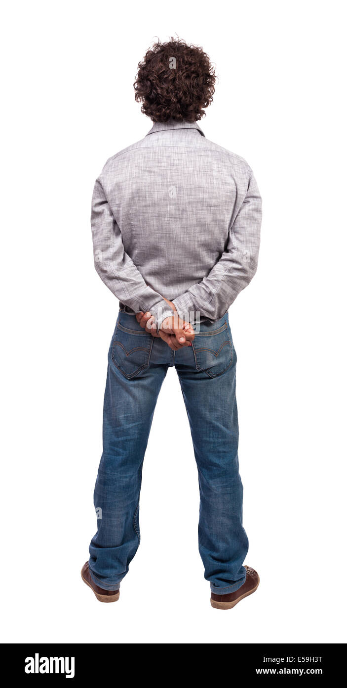 Mann zurück im Hochformat auf weiß Stockfoto