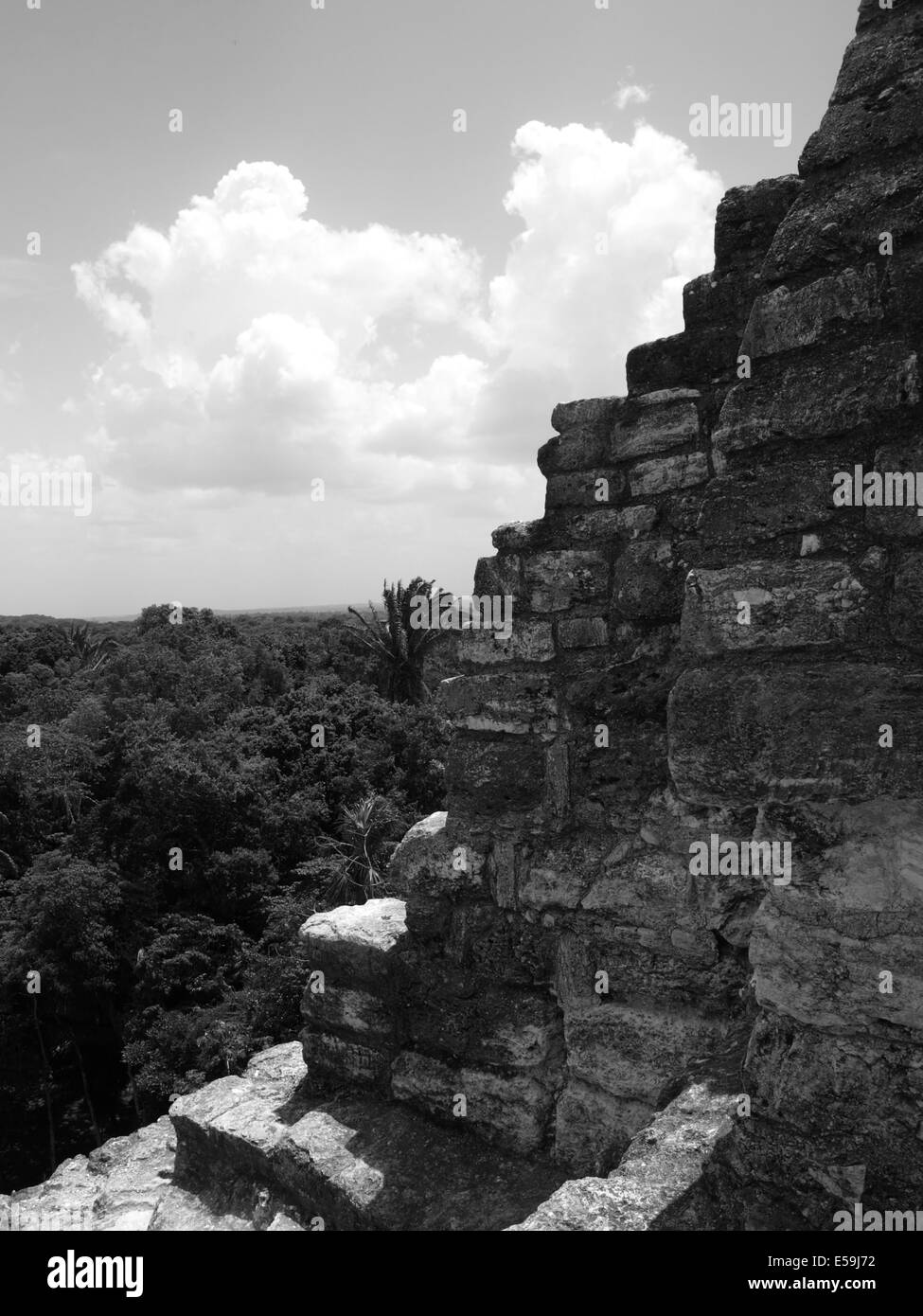 Schwarz / weiß Aufnahme des High-Tempels von Lamanai in Belize Stockfoto