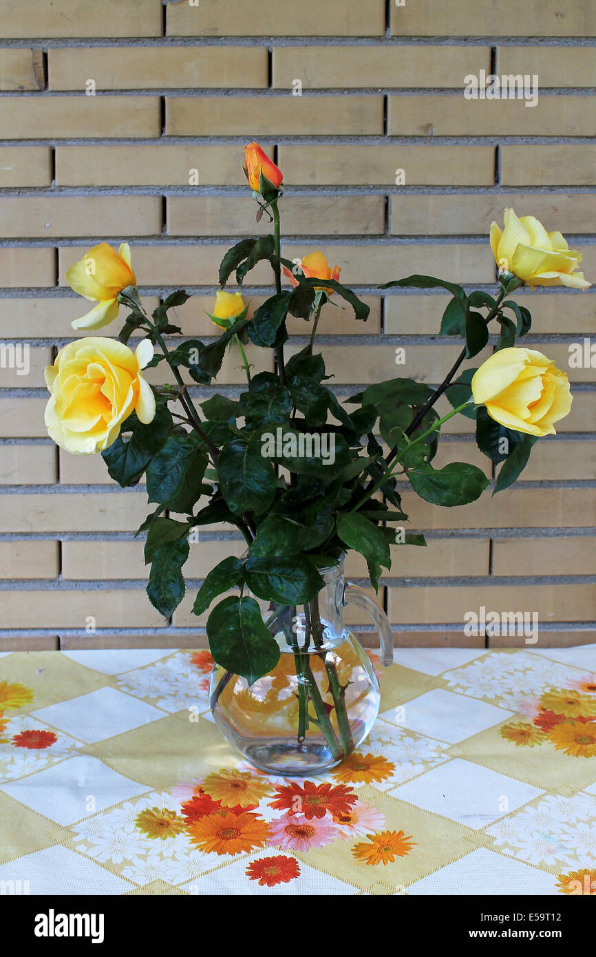 Gelbe Rosen in einer Vase mit Wasser auf dem Tisch Stockfoto