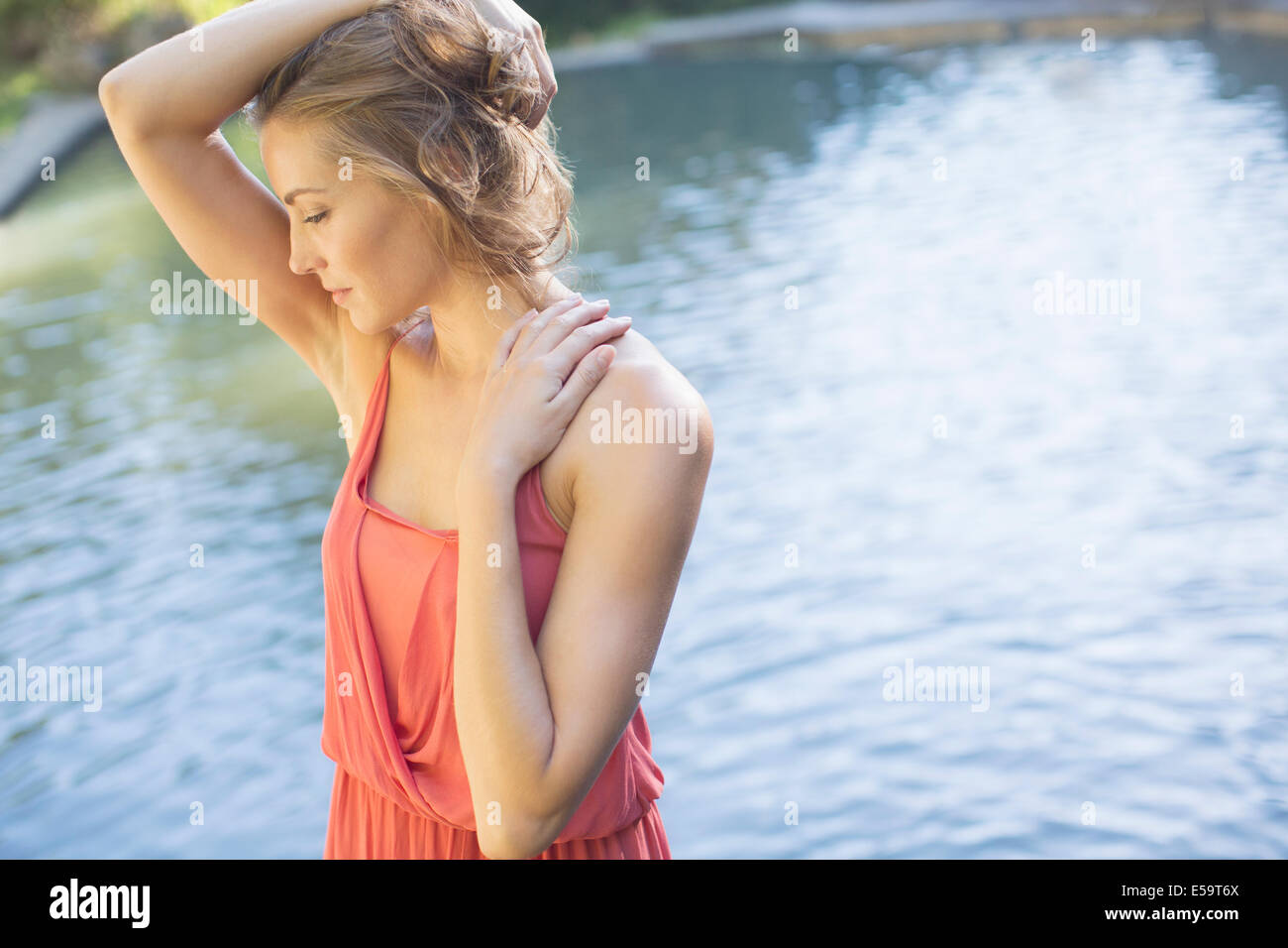 Frau, Teich Stockfoto