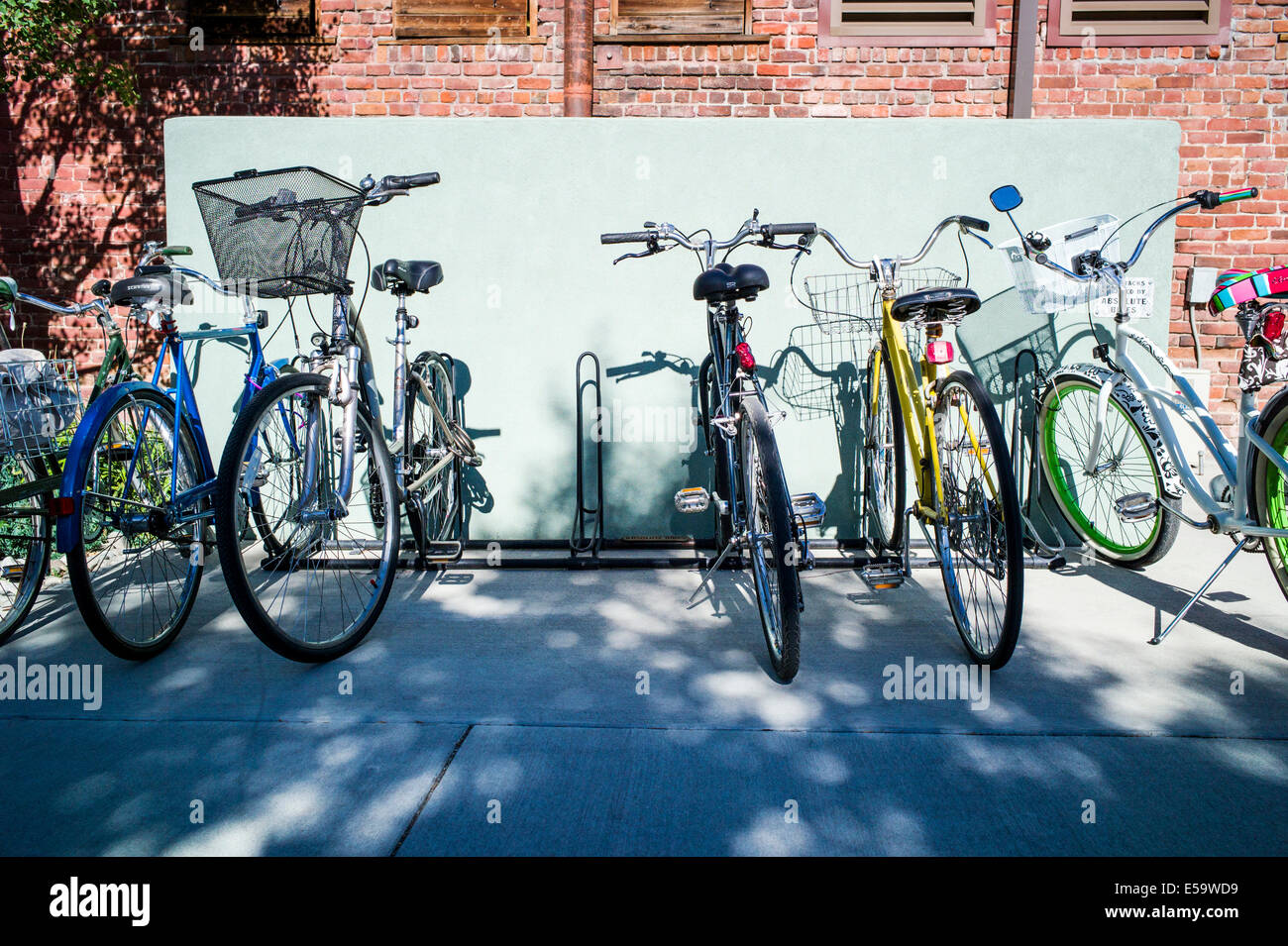 Fahrräder, die auf klaren Sommertag im Regal aufgereiht Stockfoto
