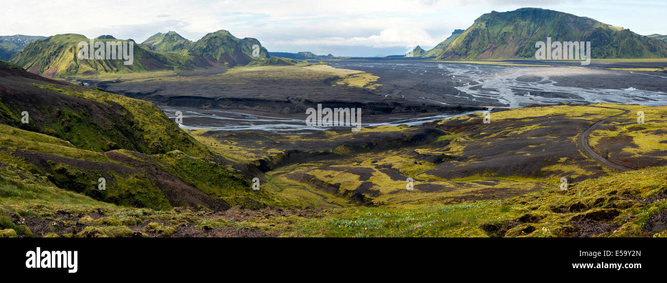 Pakgil Landschaft zusammengesetzte Panoramabild, South Island in der Nähe von Vik, Island Stockfoto