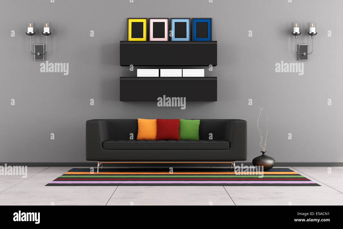 Zeitgenössische Wohnzimmer mit schwarzen Couch auf bunten Teppich - Rendering Stockfoto