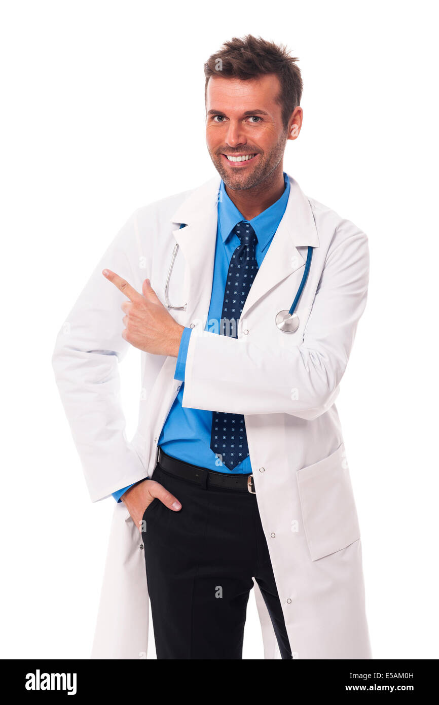Glücklich Arzt zeigte auf textfreiraum Debica, Polen Stockfoto