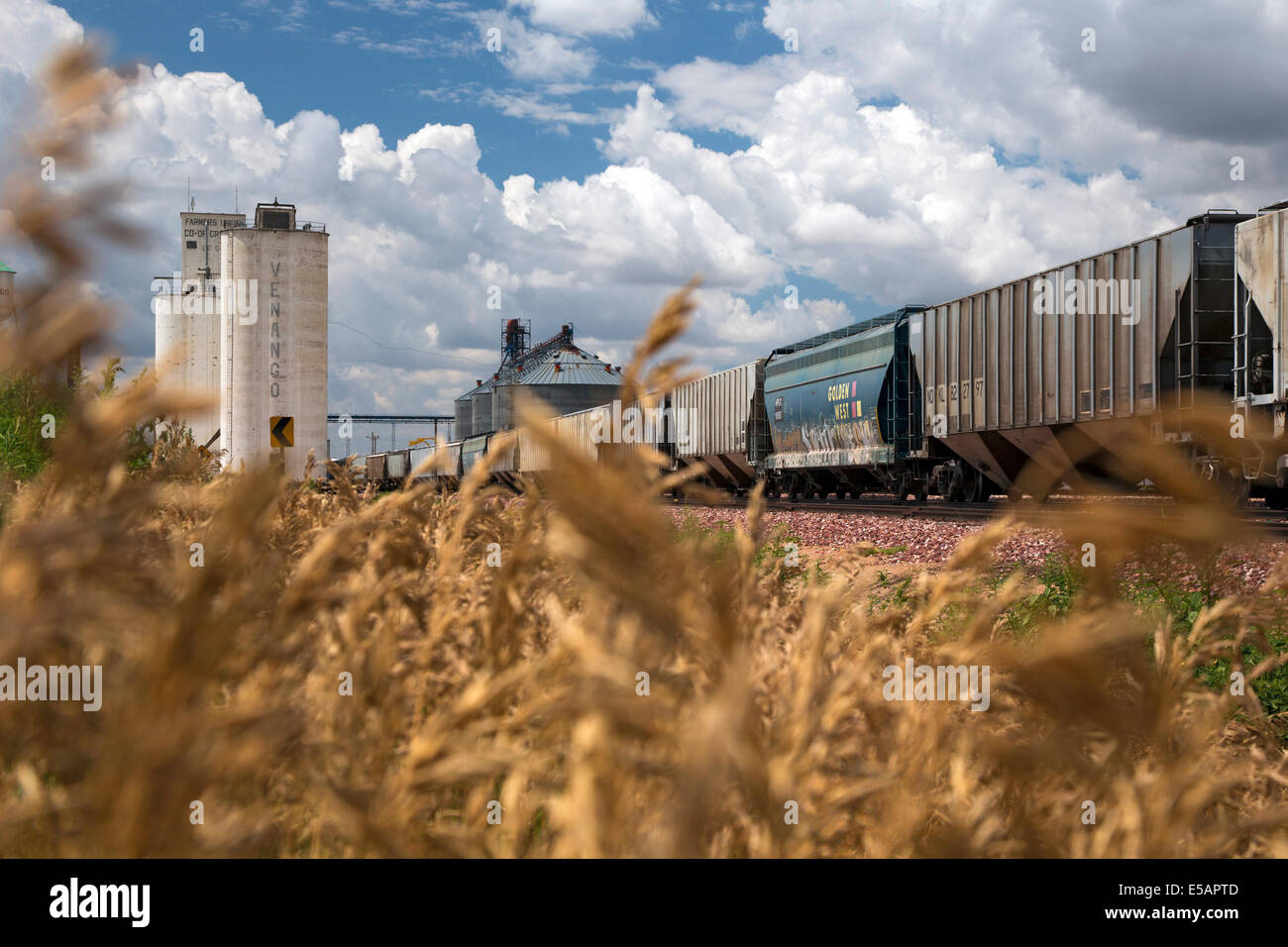 Venango, Nebraska - Getreidesilos und eine Eisenbahn in den Weizen Anbaugebiet der westlichen Nebraska. Stockfoto