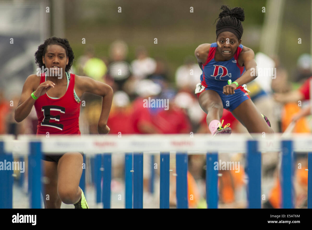 Des Moines, Iowa, USA. 24. Mai 2014. Davenport-Central Tadaisha Thornton, konkurriert in der 4A Mädchen 100 Hürden an der Iowa State Track Championships an der Drake University in Des Moines, IA, Samstag, 24. Mai 2014. © Louis Brems/Quad-Stadt-Zeiten / ZUMA Draht/Alamy Live News Stockfoto