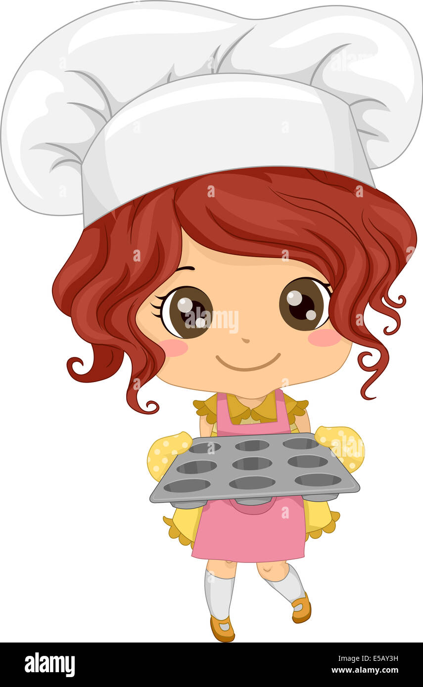 Abbildung eines kleinen Mädchens tragen einer Haube hält eine leere Cupcake Tablett Stockfoto
