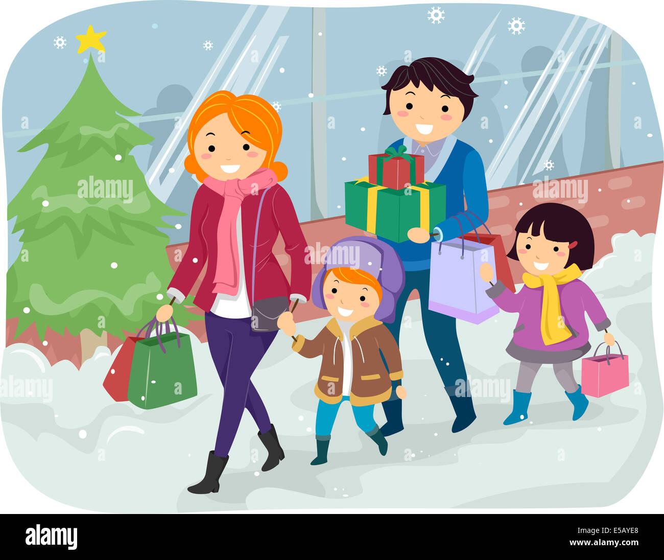 Abbildung einer Familie einige Weihnachtseinkäufe zusammen tun Stockfoto