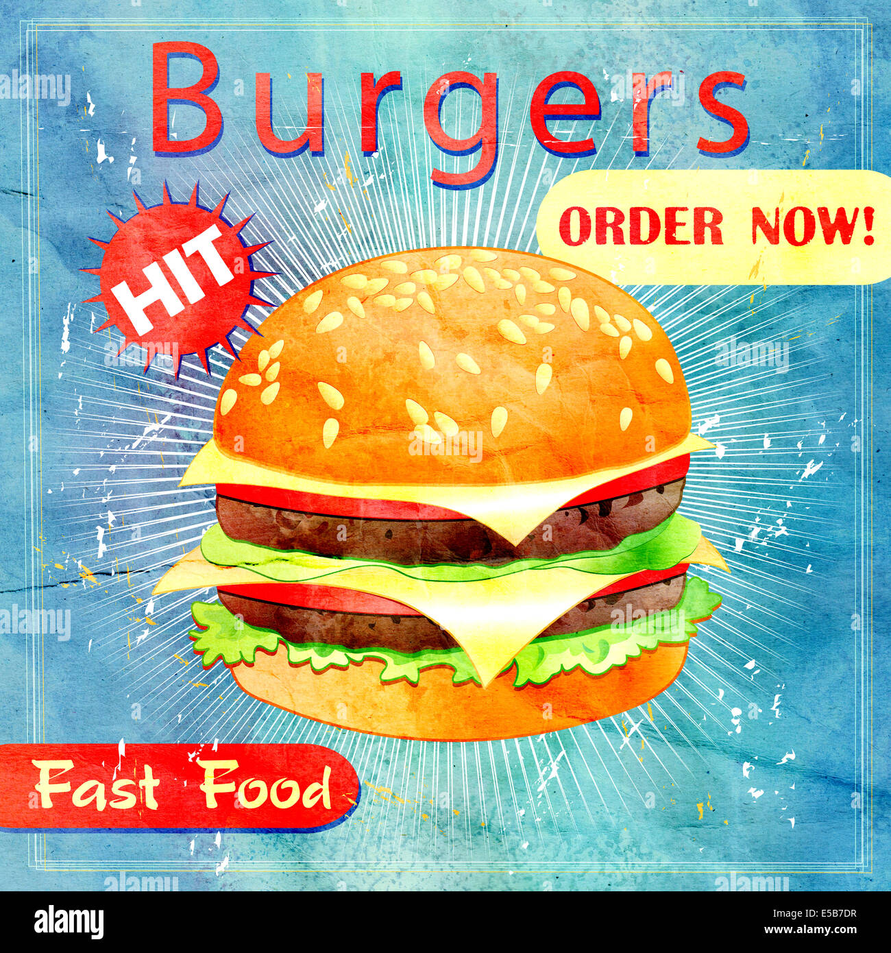 Grunge-Abdeckung für Fast-Food-Menü - Hamburger auf Vintage-Hintergrund Stockfoto