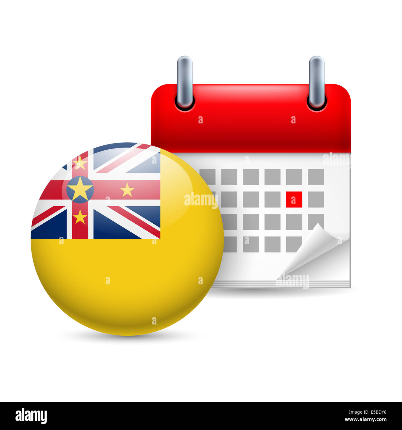 Kalender und Runde Flaggensymbol. Nationalfeiertag in Niue Stockfoto