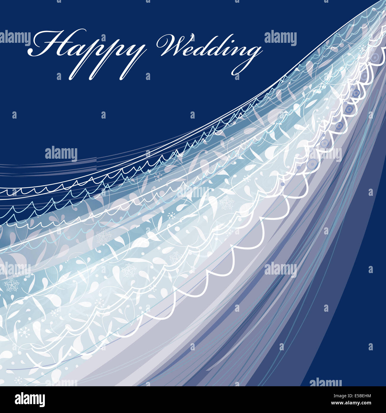 Grußkarte mit einem schönen Hochzeitsschleier auf blauem Hintergrund Stockfoto