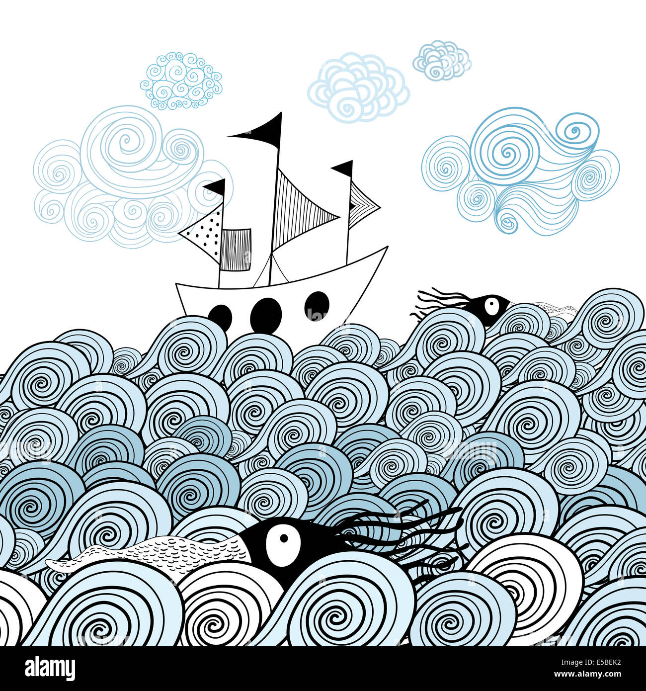 schönes Bild des Schiffes auf den Hintergrund Grafik ornamentalen Wellen Stockfoto