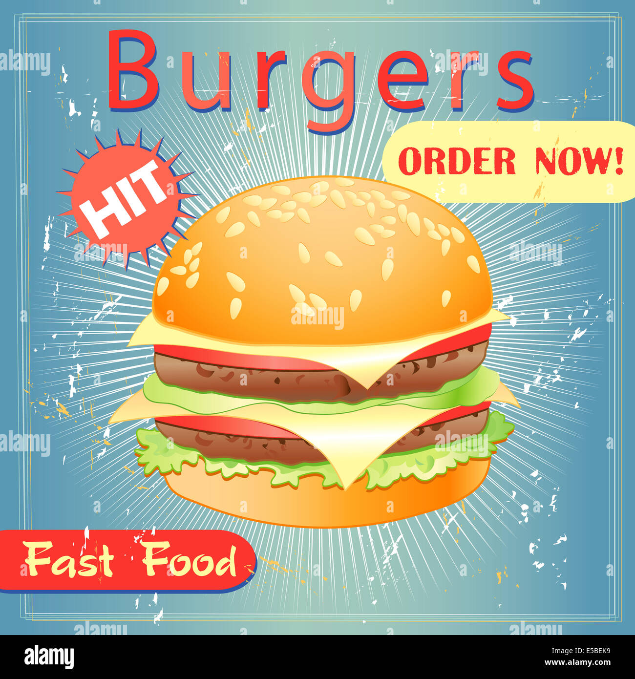 Grunge-Abdeckung für Fast-Food-Menü - Hamburger auf Vintage-Hintergrund Stockfoto
