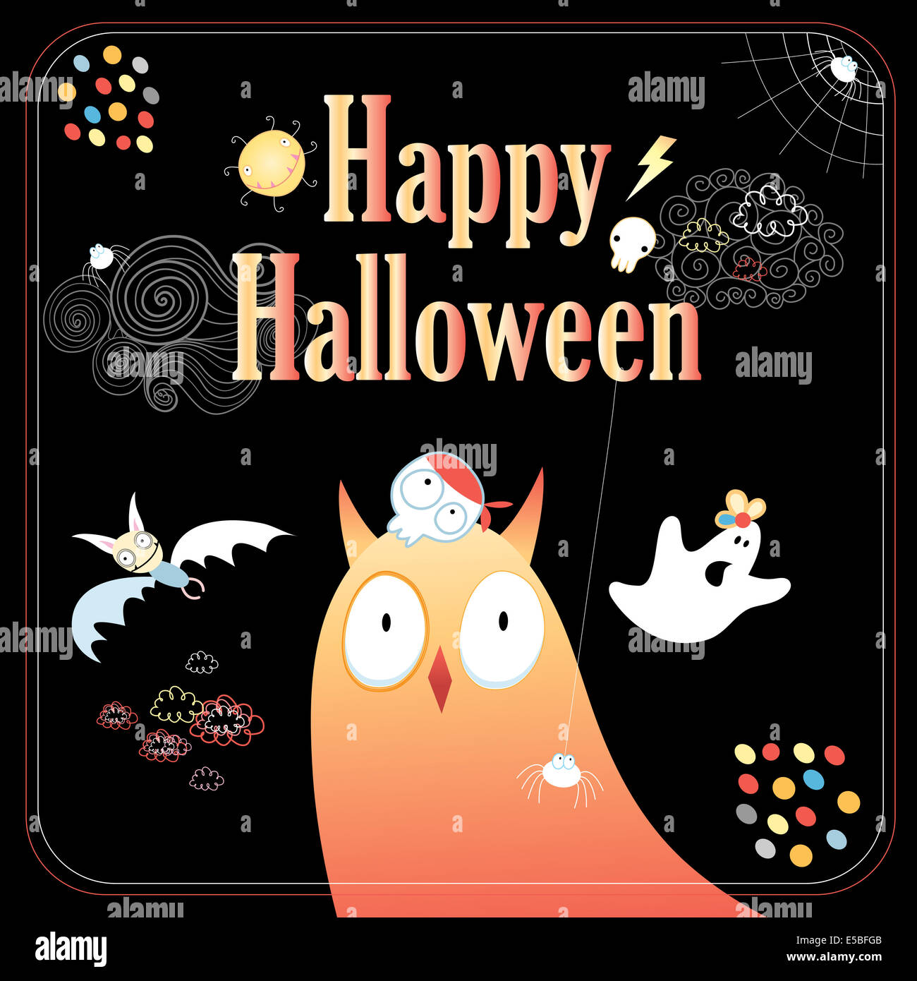 Halloween-Grußkarte mit Fabelwesen auf schwarzem Hintergrund Stockfoto