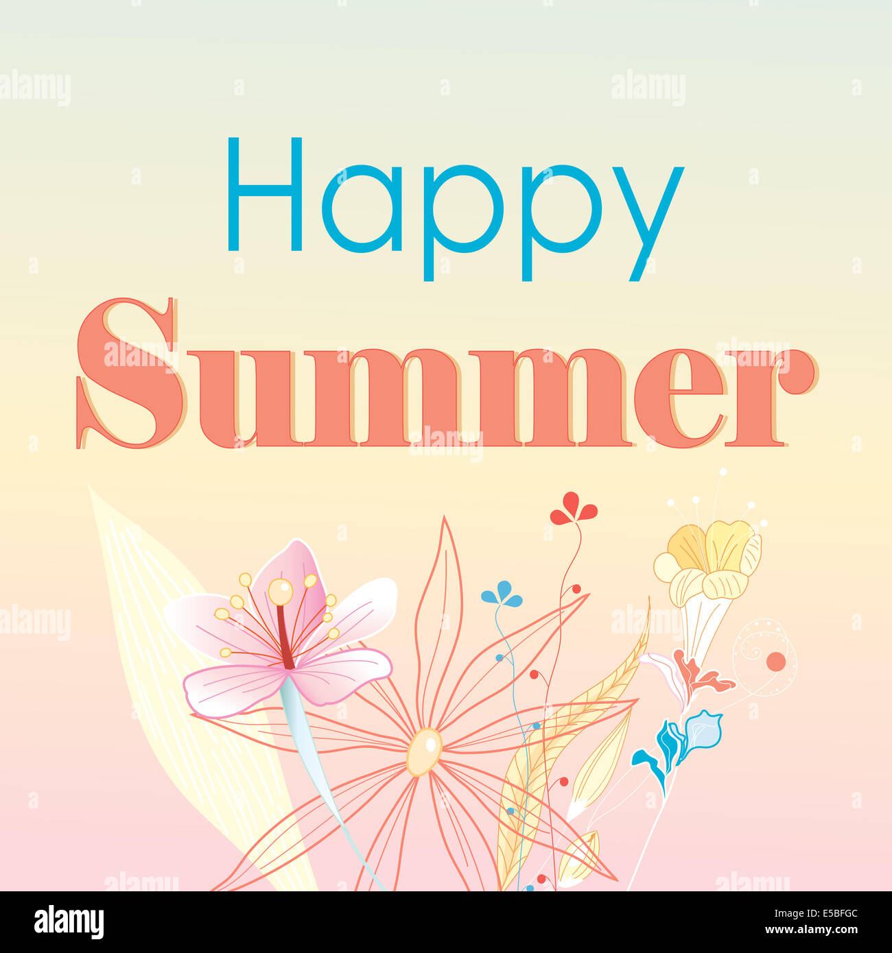 Grafikkarten-glückliche Sommer mit der Schrift auf einem hellen Hintergrund mit Blumen Stockfoto