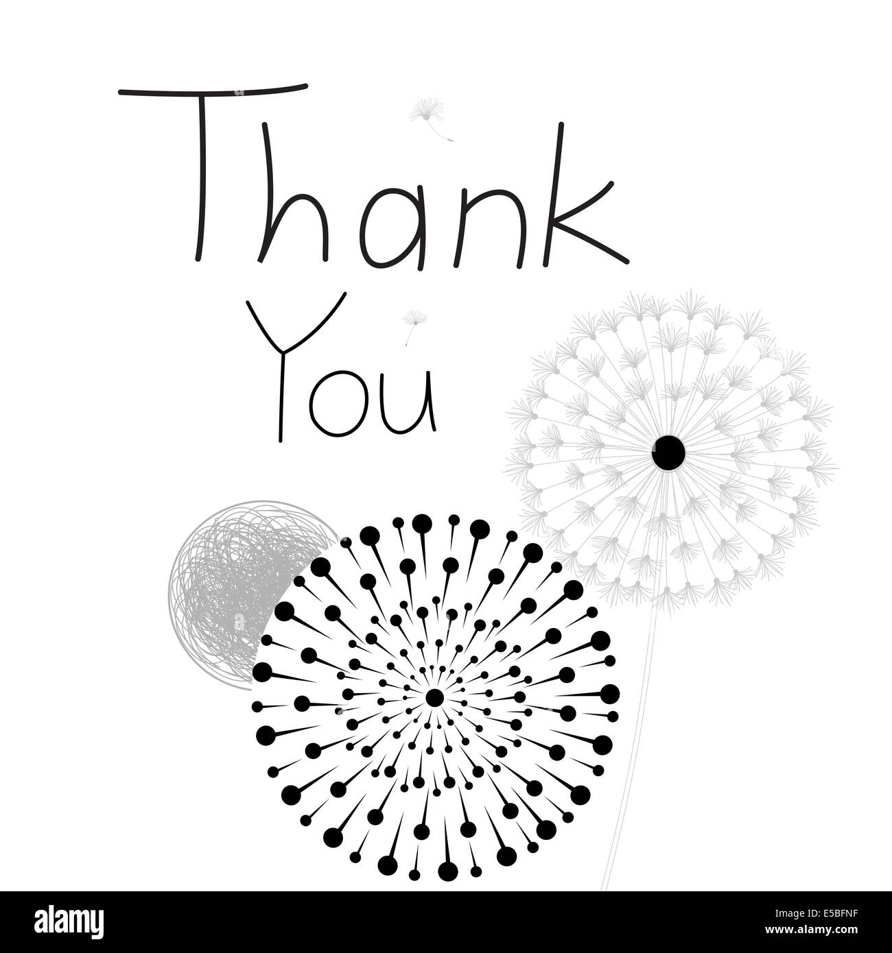 Grafikkarte dank einer Schrift auf weißem Hintergrund mit Löwenzahn Stockfoto