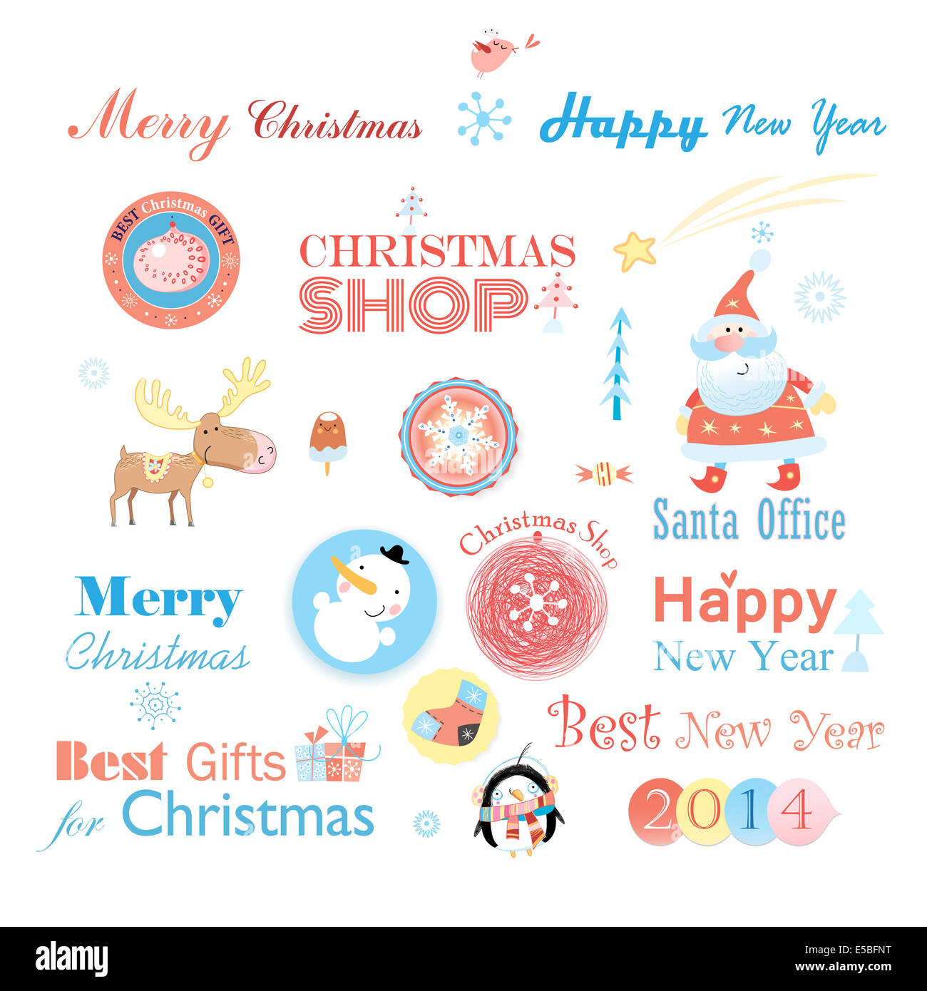 Neujahr-Set mit einem grafischen Header und verschiedene design-Elemente auf weißem Hintergrund Stockfoto