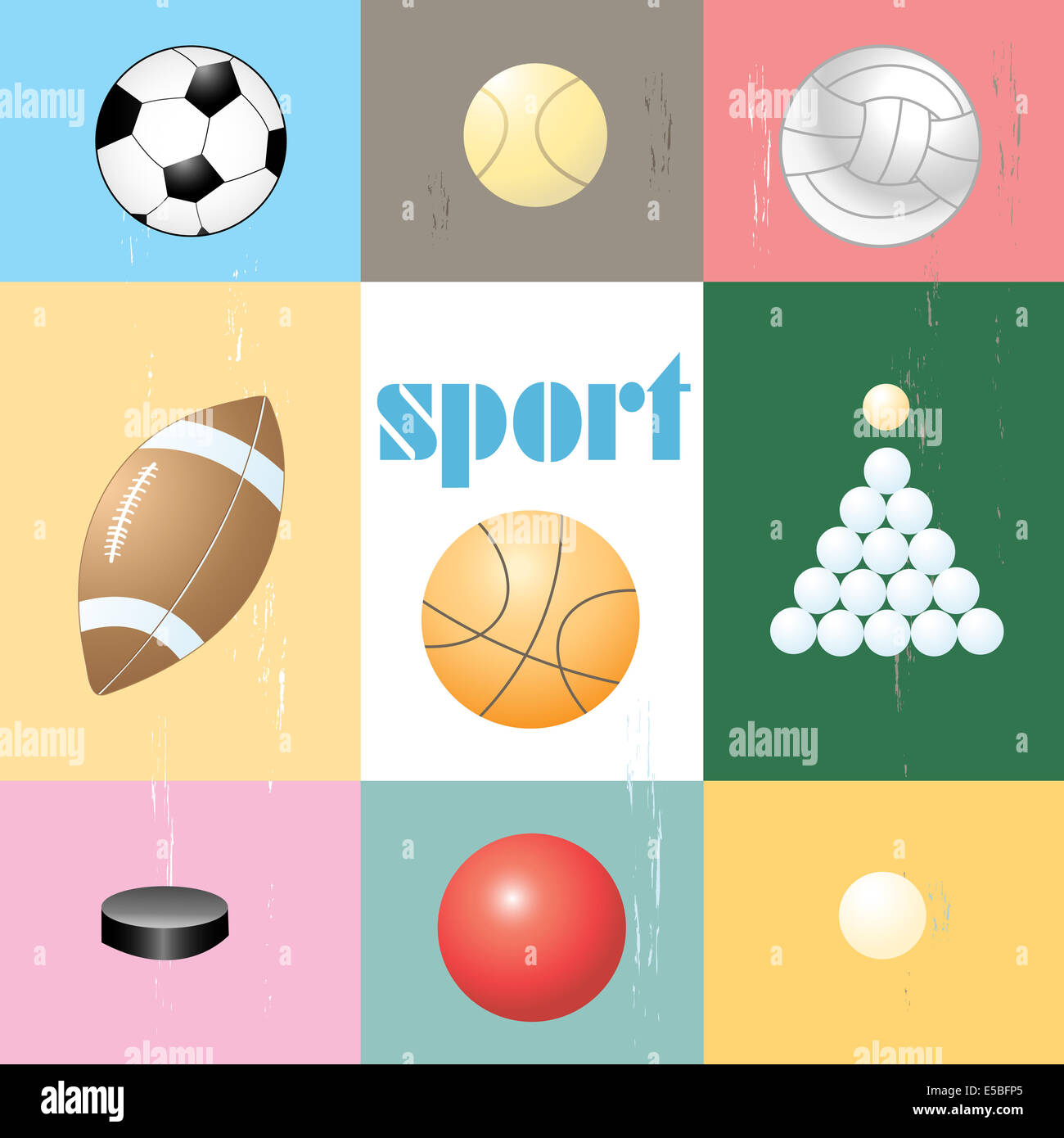 Reihe von verschiedenen Arten von Sportbälle auf farbigem Hintergrund Stockfoto