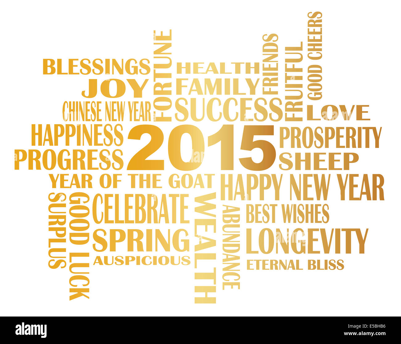 2015 Chinese Lunar New Year Englisch Grüße Text wünschen Gesundheit Glück Wohlstand Glück im Jahr der Ziege Isol Stockfoto