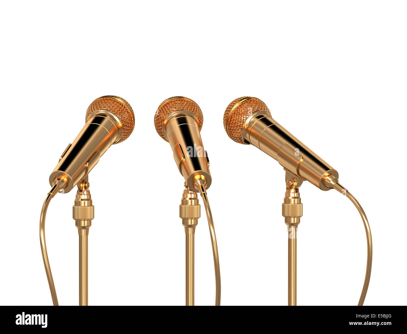 3D Render goldene Mikrofone isoliert auf weißem Hintergrund Stockfoto
