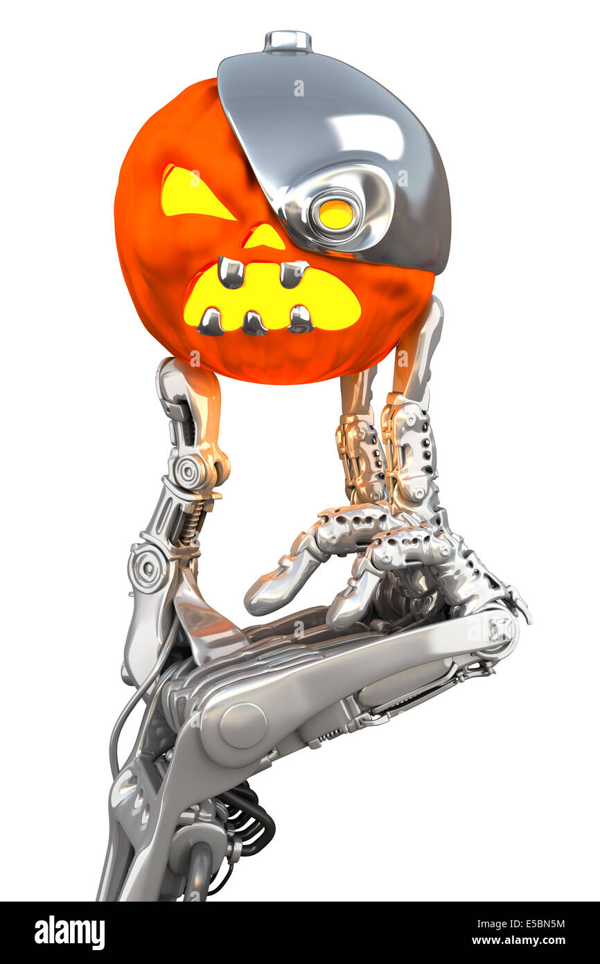 Roboter-Halloween-Kürbis. Technologie 3d Illustration Stockfoto