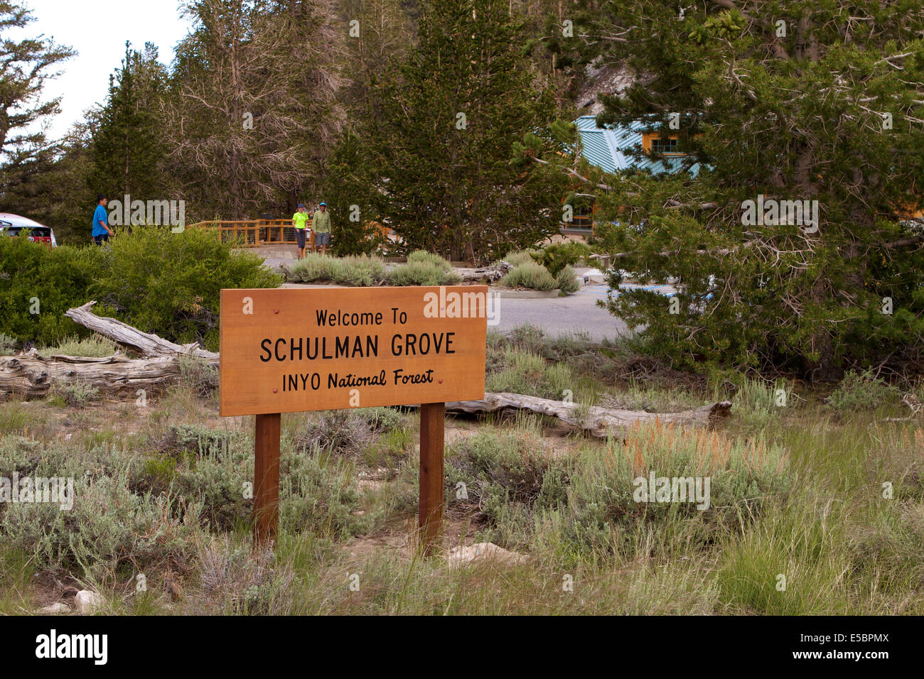 Willkommen Sie Schild am Visitor Center Schulman Grove alten Bristlecone Kiefer Wald im Inyo National Forest Kalifornien Stockfoto