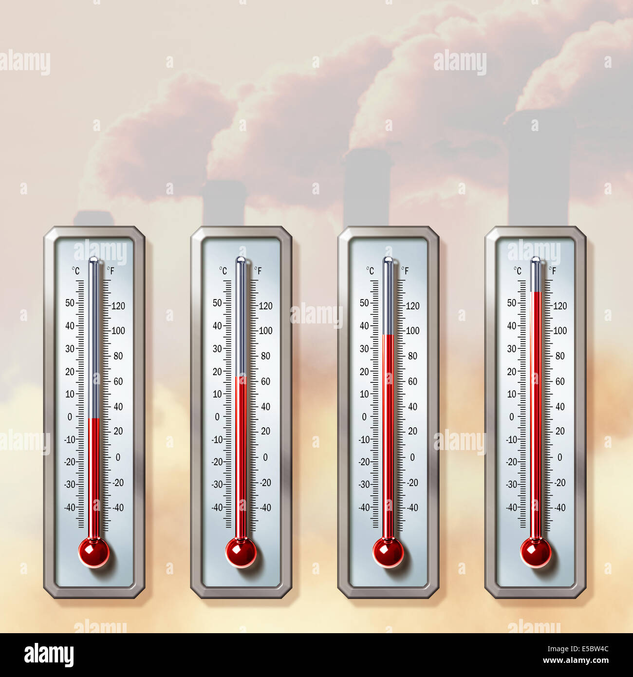 Anschauliches Bild der Thermometer zeigt steigende Temperaturen mit Rauch ausstoßen aus Schornsteinen, darstellt, die globale Erwärmung Stockfoto