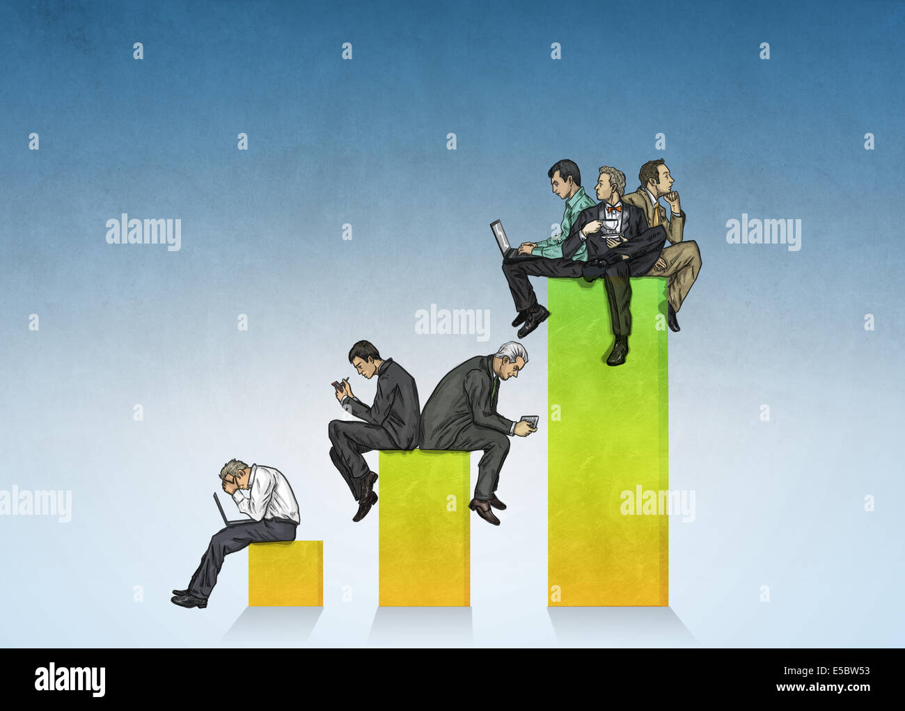 Anschauliches Bild der verschiedenen Geschäftsleute auf Balkendiagramm für Gewinn und Verlust Stockfoto