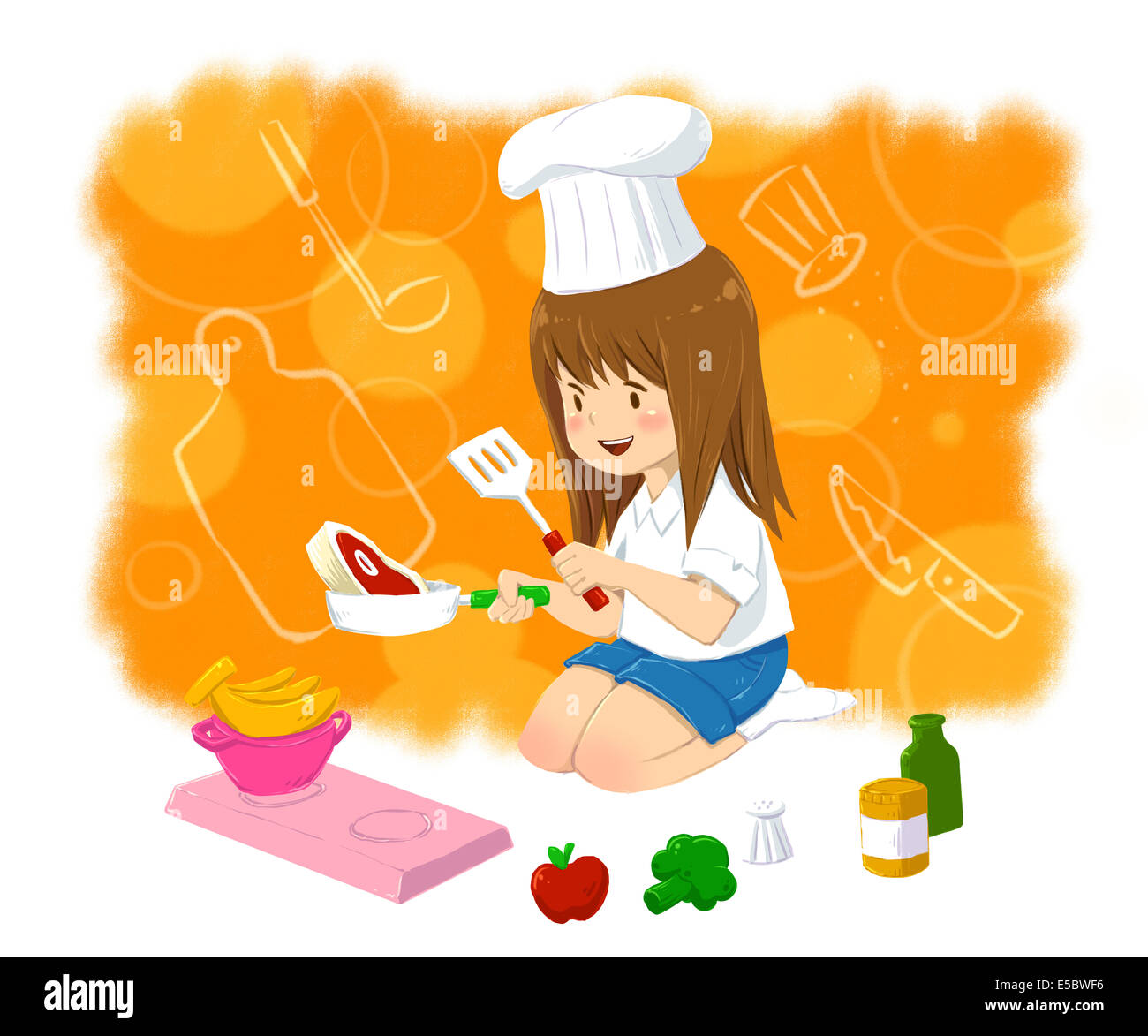Anschauliches Bild des Mädchens in Kochmütze kochen, Aspiration darstellt Stockfoto