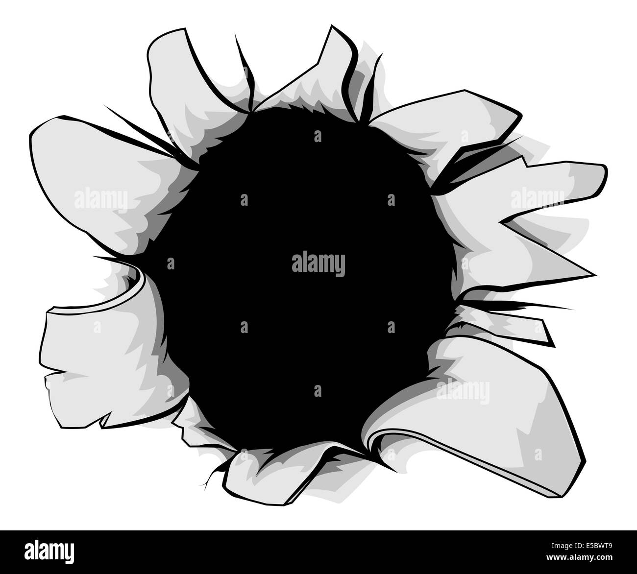 Ein zerrissenes kreisrundes Loch, vielleicht ein Einschussloch aus einer Schusswunde Stockfoto