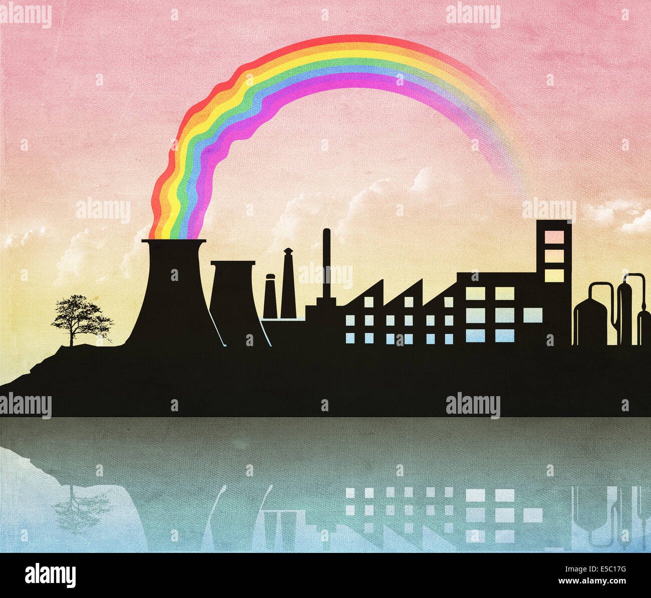 Anschauliches Bild des Regenbogens aussenden von industriellen Kernreaktor, grünen Technologie darstellt Stockfoto