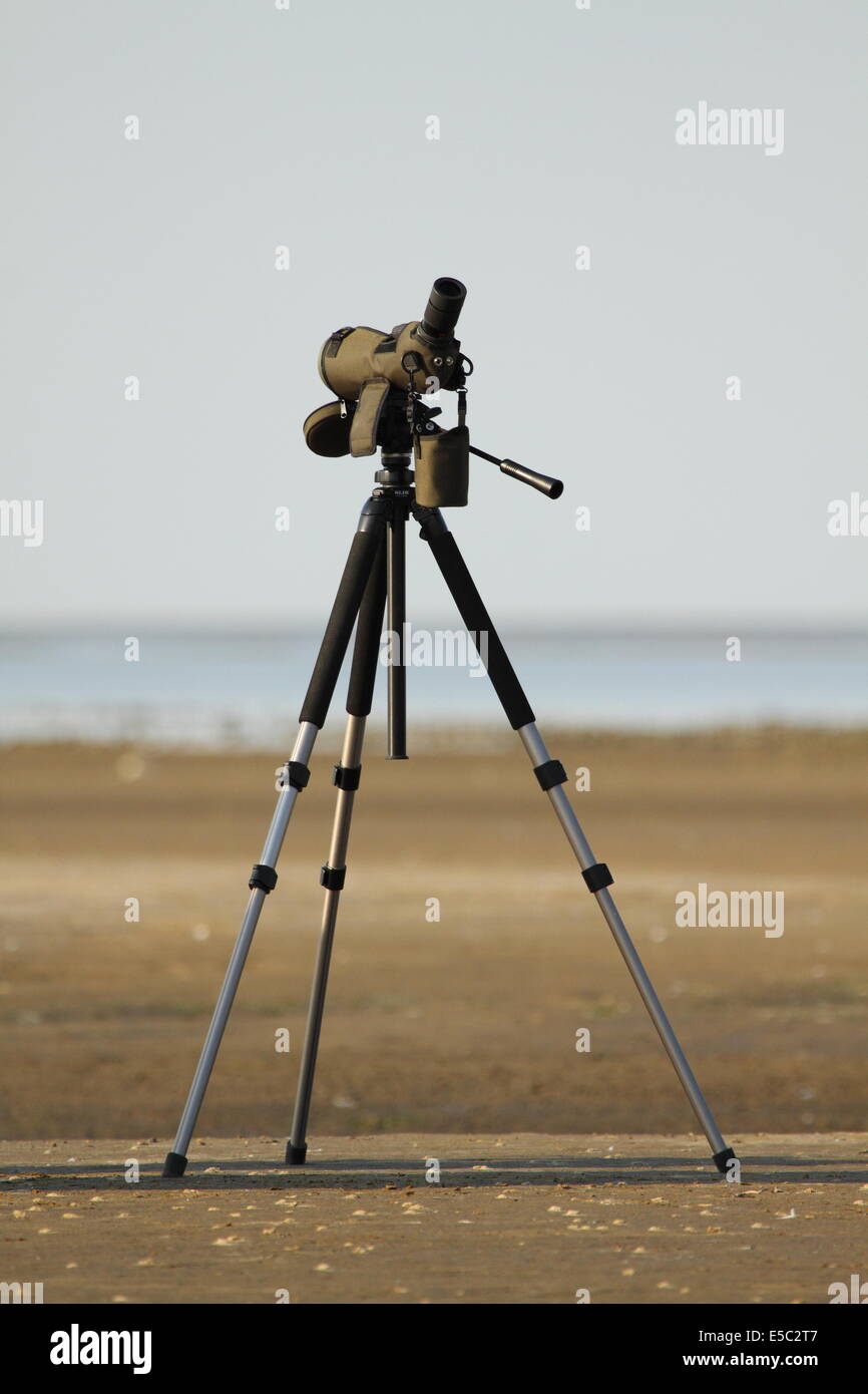 Spotting Teleskop und Stativ an einem Strand für Vogelbeobachtung - Texas, USA Stockfoto