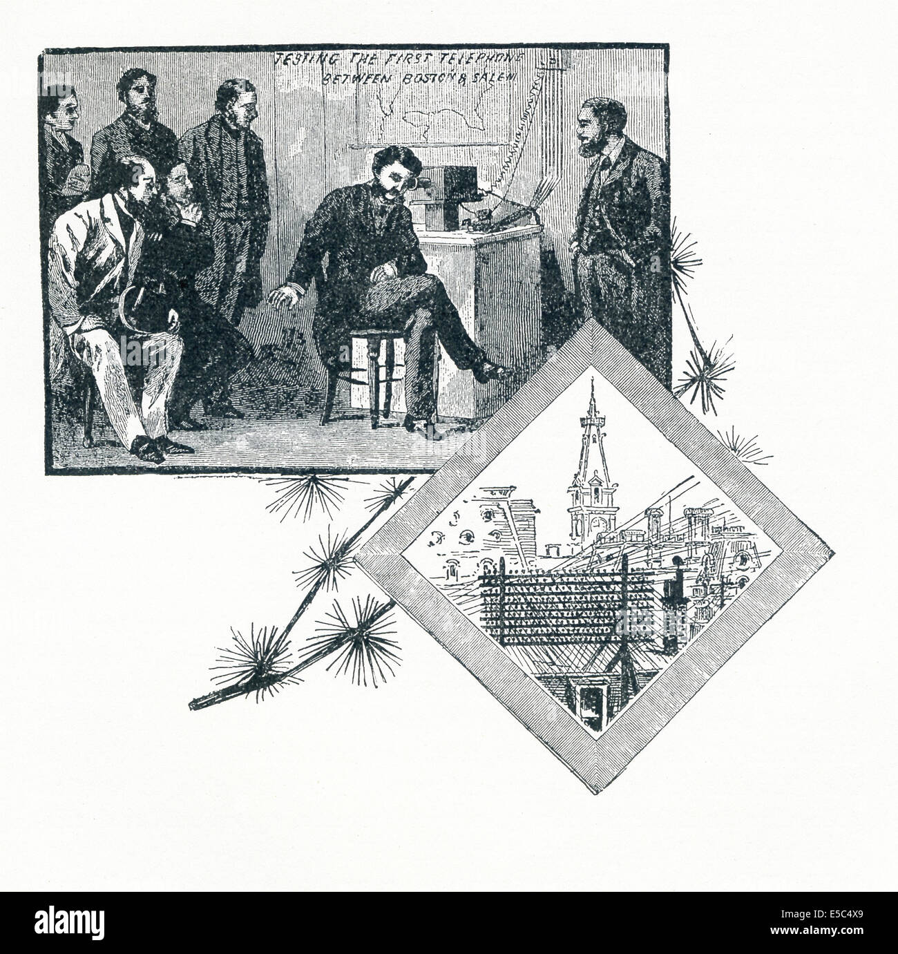 Alexander Graham Bell, in Salem, hört die Stimme seines Partners, Thomas Watson, durch seine Maschine aus Boston kommt. Stockfoto