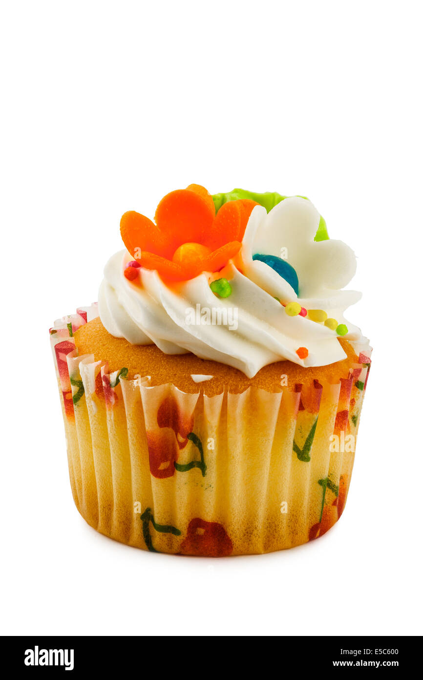 Cupcake Blumen auf weißem Hintergrund Stockfoto