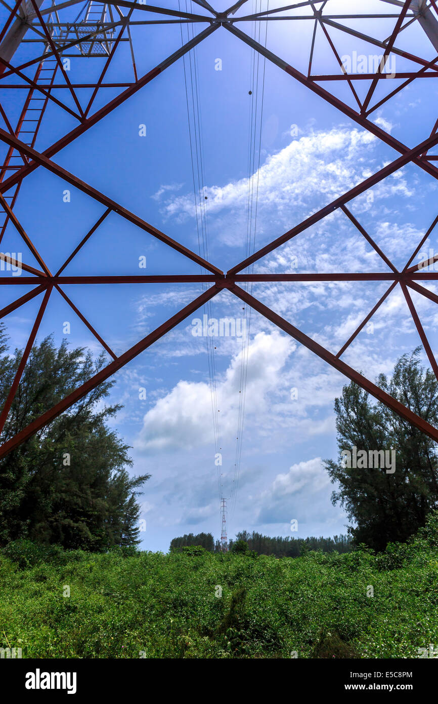 Super-Weitwinkel-Foto des Strommastes mit blauem Himmel Stockfoto