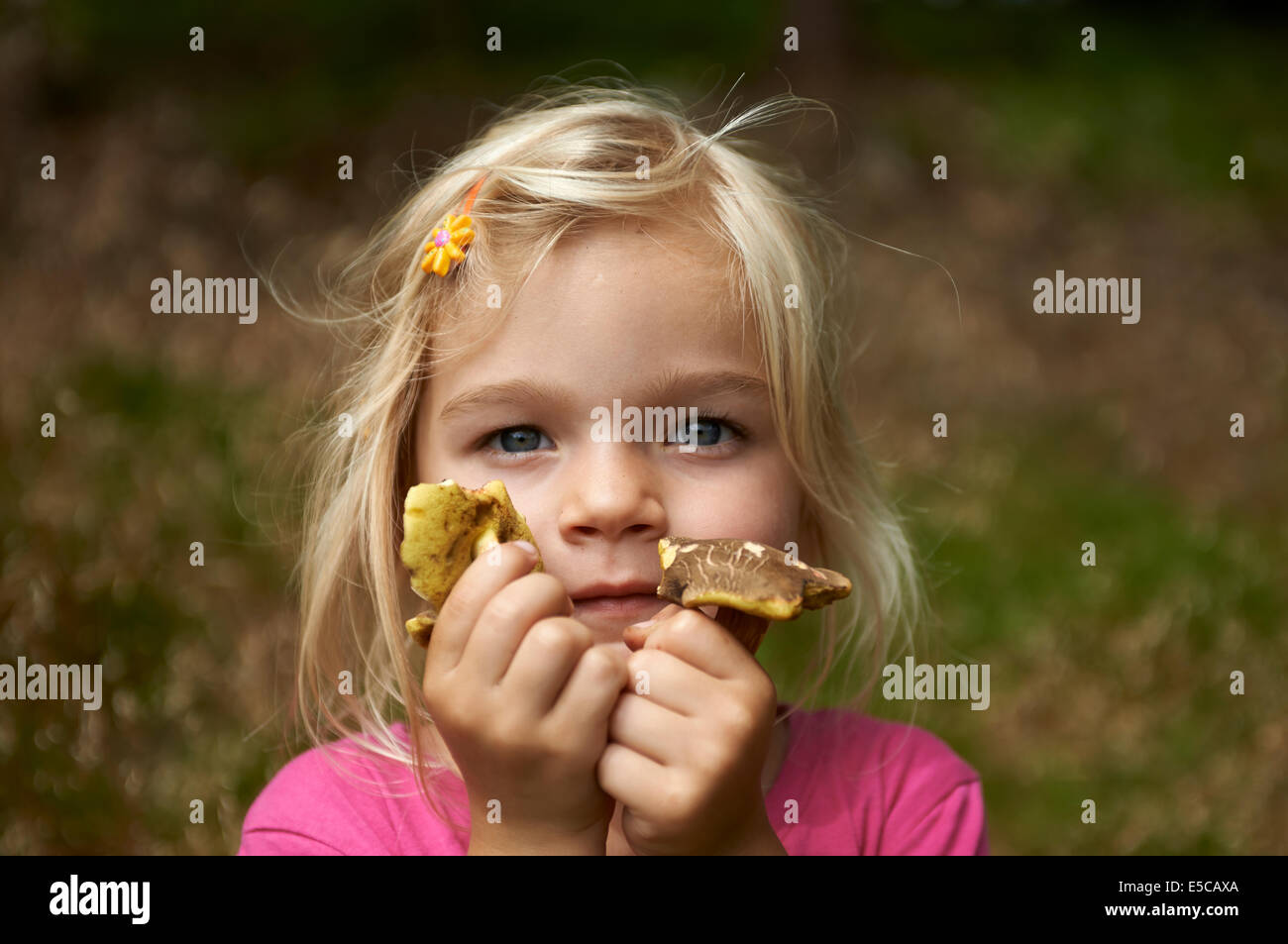 Porträt von glückliches Kind blondes Mädchen, Kommissionierung und Transport volle Händen der Pilze draußen im Wald Stockfoto