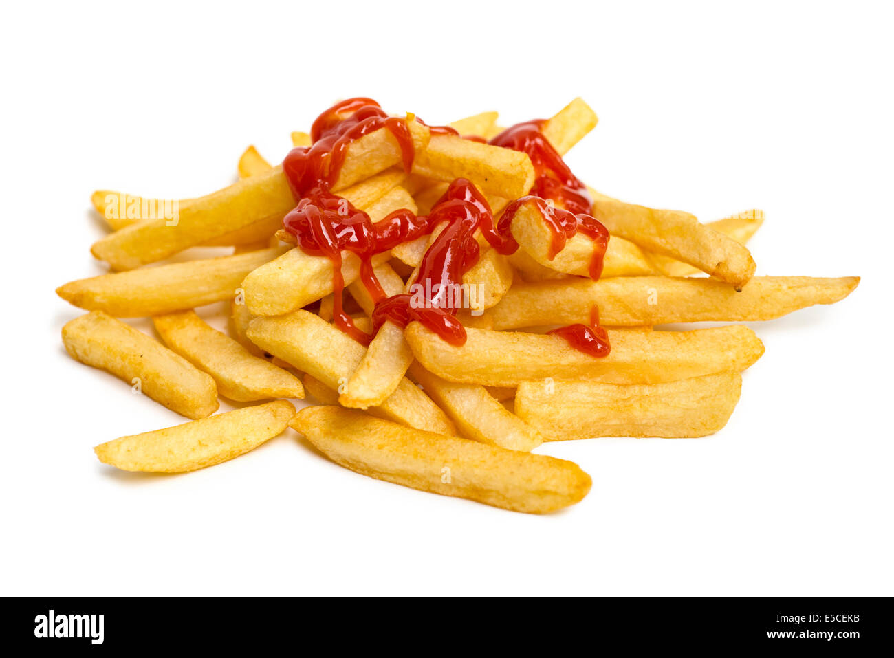 Pommes, Pommes Frites mit Ketchup und Catsup Sauce Stockfoto