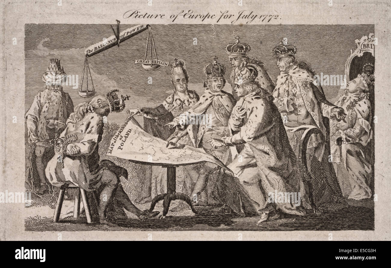 Bild von Europa 1772 - Cartoon zeigt Catherine II, Leopold II. und Frederick William II sitzen am Tisch auf dem eine Karte Polens ruht; hinter ihnen stehen und blickte über ihre Schulter sind Louis XV und Charles III, noch weiter zurück, auf einem Thron schläft George III; auf der linken Seite, mit Kopf neigte, trägt eine zerbrochene Krone und Hände gebunden hinter ihm sitzt der König von Polen, zu seiner linken sitzt Selim III in Ketten; eine Skala, die "The Balance Of Power" über den Tisch hängt, ist die leichtere Seite beschriftete "Great Britain" George III Einfluss reflektieren oder Sorge um die Angelegenheiten Europas Stockfoto