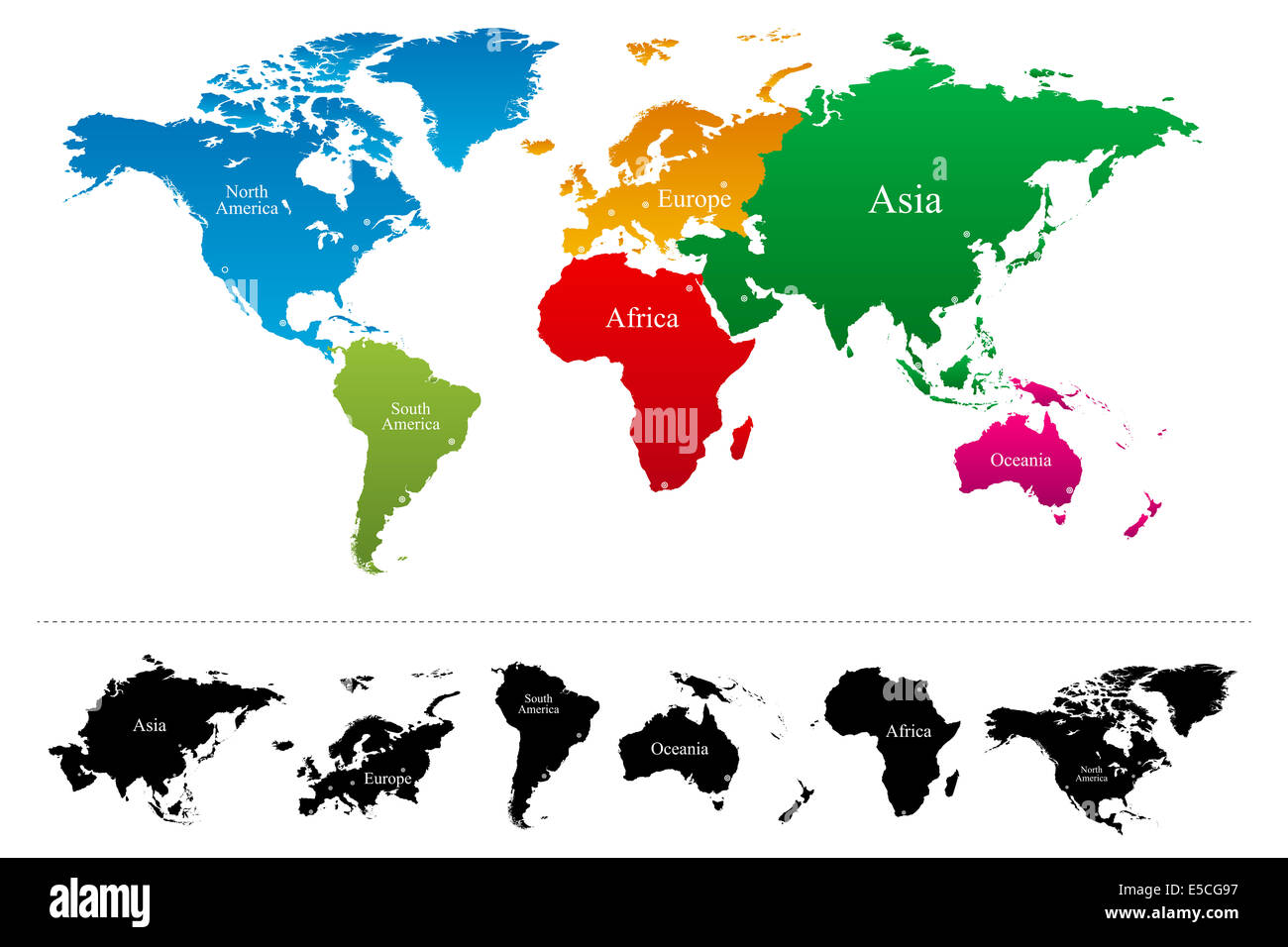 Weltkarte mit bunten Kontinenten Atlas Stockfoto