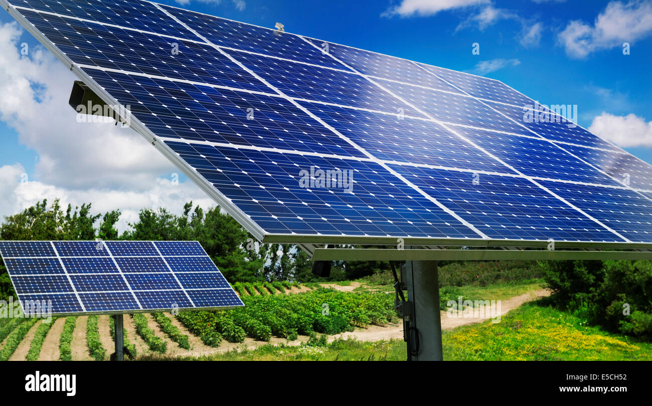 Sonnenkollektoren mit Sonnenlicht Tracker verwendet als Energiequelle auf einem Bauernhof in Milton, Ontario, Kanada. Stockfoto